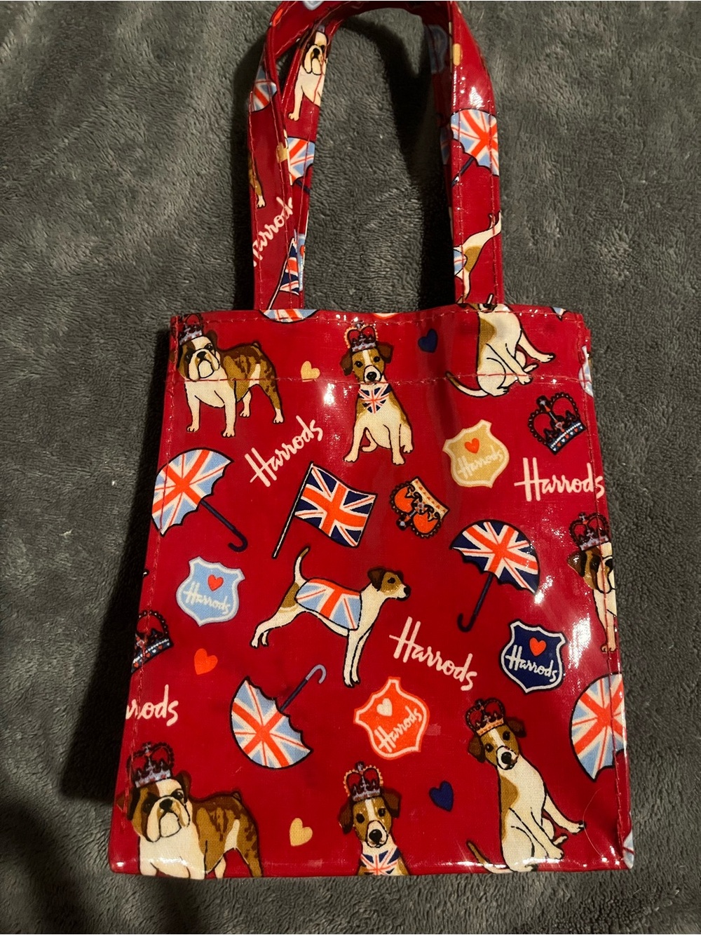 Harrods Red Patent Mini Tote with Dog Motifs